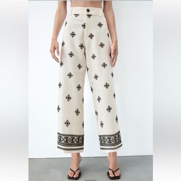 Zara Pants - Zara Cream Embroidered Wide Leg Pants XS Boho Linen Blend